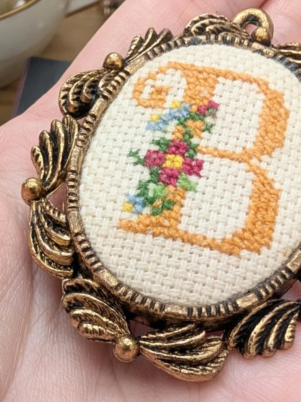 Vintage The Creative Circle Petit Point initial B floral brooch